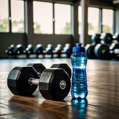 "Fitness Equipment Photograph: Dumbbells and Water Bottle on a Wooden Floor in a Gym Studio"
