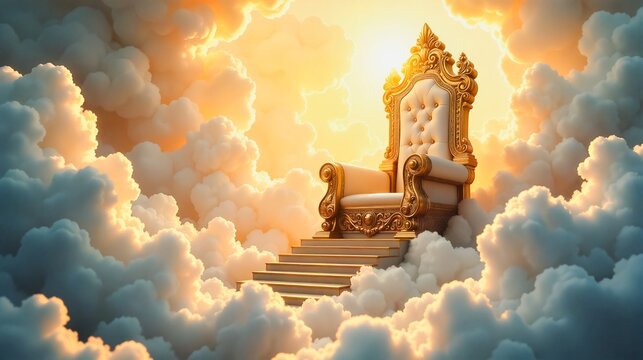 Golden Throne Among Majestic Clouds, A majestic golden throne chair sits atop a staircase, bathed in warm sunlight filtering through clouds. Dreamlike and ethereal, this image evokes power.