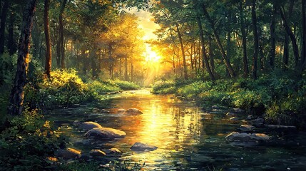 Obraz premium Golden River in Forest at Sunset