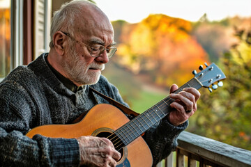 elderly man playing guitar outdoors, enjoying nature beauty
