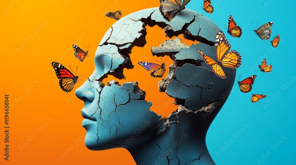 Poster head with a butterfly on it. the butterfly is on the right side of the head. the head is broken and 