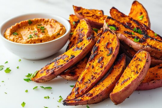 Golden roasted sweet potato wedges served with creamy dip, garni