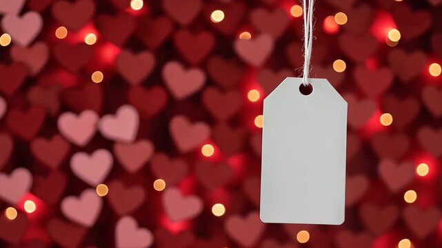 A tag hangs from a string in the middle of a red background with many hearts