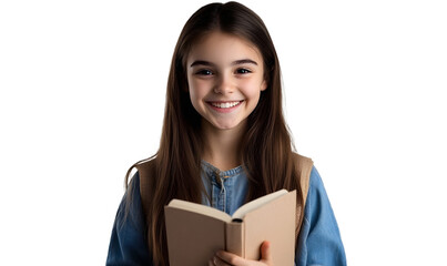 Obraz premium Smiling young student girl with book isolated on transparent background