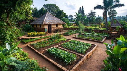 African village garden, thatched huts, sunrise, farming, tourism
