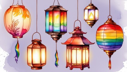 Colorful Hanging Lanterns Asian Style Illuminated Rainbow Festive Lights Watercolor Illustration