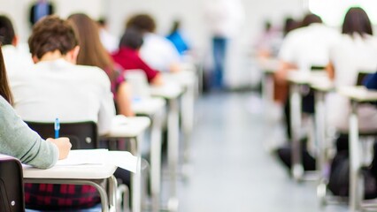 Preparing for Final Exam: Blurred classroom scene with a student taking notes.
