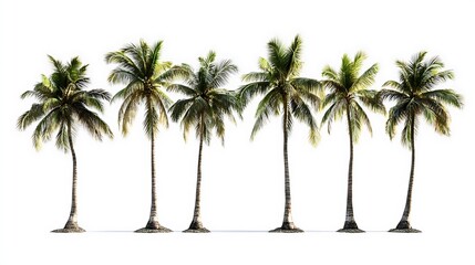 Obraz premium Collection of isolated coconut palm trees on a white background, botanical concept, ultra high resolution, highly detailed, photorealistic, no people, no animals, white studio lighting, 