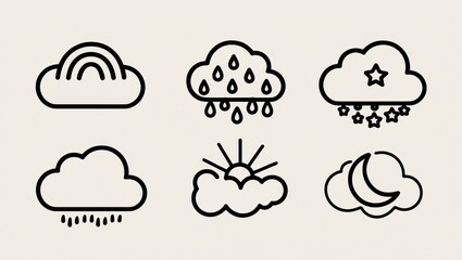Cute Weather Icons Set Rainbow Rain Stars Sun Moon Cloud Illustrations