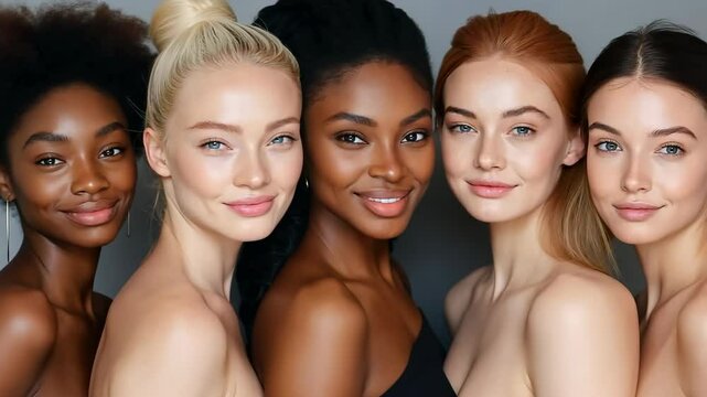 A group of women with different skin tones are standing next to each other