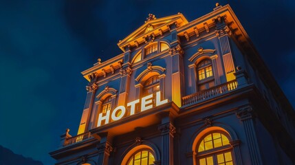 Obraz premium Grand Illuminated Hotel at Night, A majestic hotel building bathed in warm light against a serene night sky. The iconic 