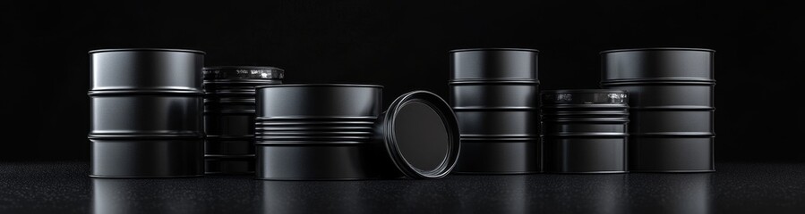 Black oil barrels in a dark setting. (1)