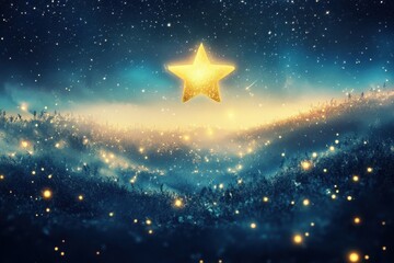 Fototapeta premium Golden Star Above Sparkling Night Landscape