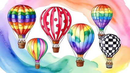 Colorful Hot Air Balloons Watercolor Illustration Rainbow Festive Travel Adventure