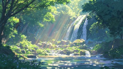 Sunlit Waterfall in Lush Forest