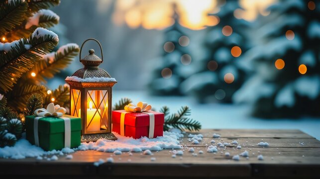 Cozy Christmas Night Scene With Lantern and Gifts, A warm and inviting Christmas scene with a glowing lantern illuminating beautifully wrapped gifts on a wooden surface.