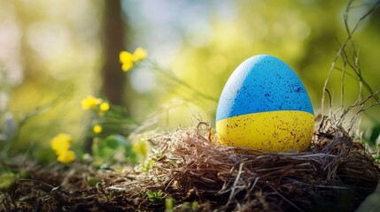 Colorful egg adorned with Ukrainian colors placed delicately in a nest surrounded by vibrant wildflowers under soft morning light