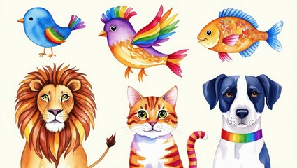 Obraz premium Vibrant Watercolor Rainbow Animals Lion Cat Dog Birds Fish Illustration