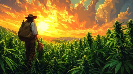 Fototapeta premium A farmer carries a sack and is picking marijuana, with a beautiful view of the clear sky