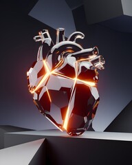 Stylized Geometric Heart with Glowing Orange Lines on Abstract Background.