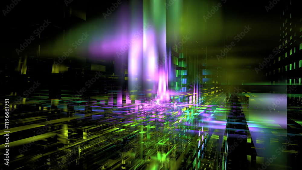 Poster dynamic patterns of colorful light spread across a dark digital landscape, creating a vibrant and me