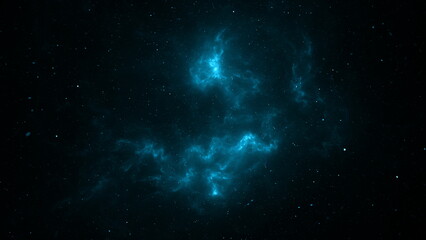 Bright blue nebula illuminates the vast expanse of space, surrounded by a backdrop of countless stars. This celestial phenomenon captures imagination of star gazers and astronomers alike. 3d render