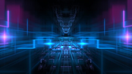vibrant digital landscape features neon blue and purple lights reflecting off abstract geometric patterns. composition creates a sense of depth and movement in a dark environment. 3d render