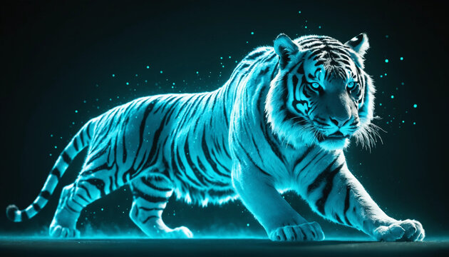 Tigre Majestueux en Dissolution : Vue Frontale d'un F&eacute;lin Puissant Se D&eacute;sint&eacute;grant en Particules Fluorescentes Cyan et Azur, Effets Optiques et Lumi&egrave;res Sublimes.