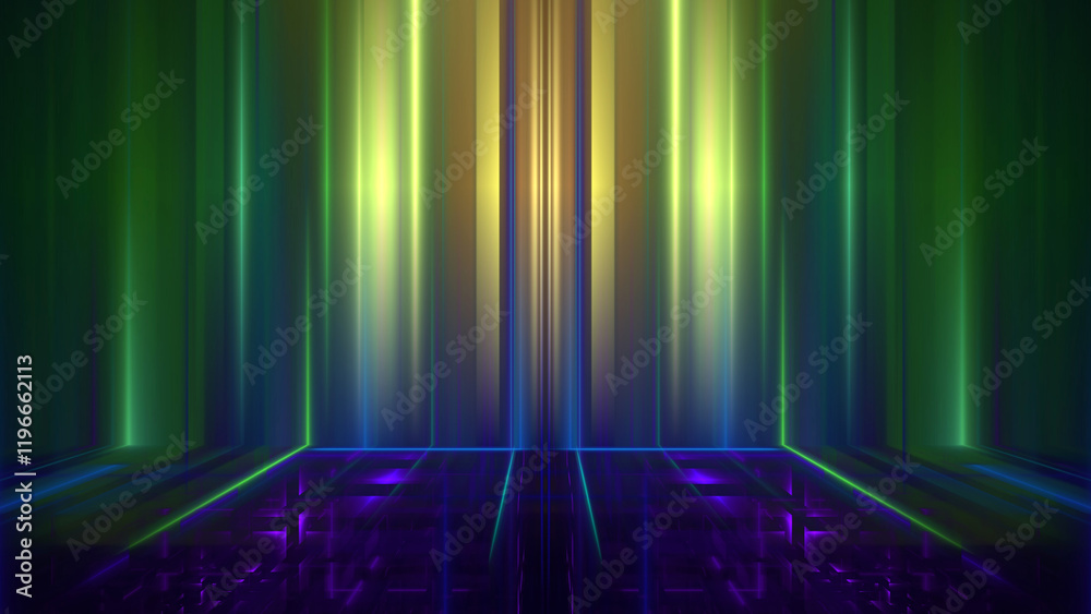 Poster striking light beams cascade through a colorful abstract setting, creating captivating dynamic envir