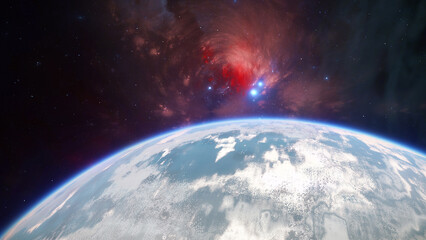 Breathtaking perspective of Earth from outer space reveals detailed planetary features, while vibrant cosmic clouds and stars create a mesmerizing backdrop in the universe. 3d render