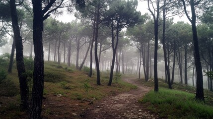 Naklejka premium Misty Pine Forest Path: A Serene Woodland Trail