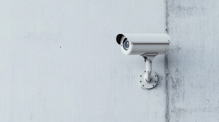 Cyber security and sleek, A modern security camera mounted on a plain gray wall, designed for surveillance and monitoring in various environments.