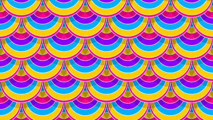 A vibrant seamless pattern featuring overlapping semicircles in yellow, blue, purple, and pink with a bold design. This colorful and energetic design exudes a retro and playful vibe