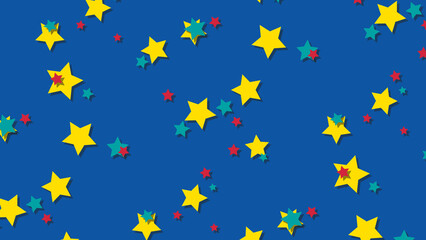 A playful abstract pattern featuring yellow, teal, and red stars scattered on a vivid blue background, creating a cheerful and dynamic celestial-inspired design