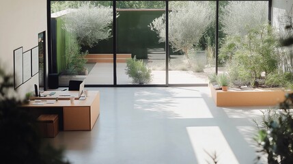 Fototapeta premium Modern biophilic office blending natural elements with contemporary design for a serene working environment