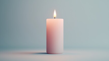A lit pink candle stands alone against a soft, muted background, casting a warm glow and creating a serene atmosphere.