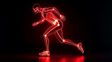 Obraz premium Clogged Blood Vessel concept. Running figure made of glowing red lights against a dark background.