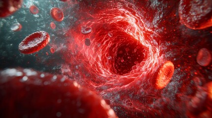 Clogged Blood Vessel concept. Abstract view of blood cells in a vein with a vibrant red hue.