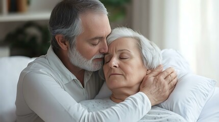 Fototapeta premium A worried spouse gently adjusting their partnerâ€™s head on a pillow for better comfort