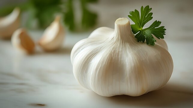  depicts a whole bulb of garlic with a sprig of parsley on top and a single clove separated beside it.
