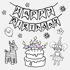 A girl in a festive hat, flags, balloons, a cake.