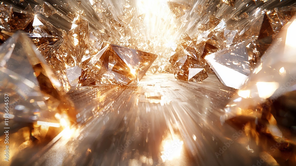 Poster sparkling golden crystals explode from light source.