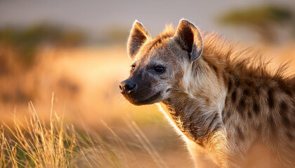 A close-up portrait of a hyena in a savanna landscape.