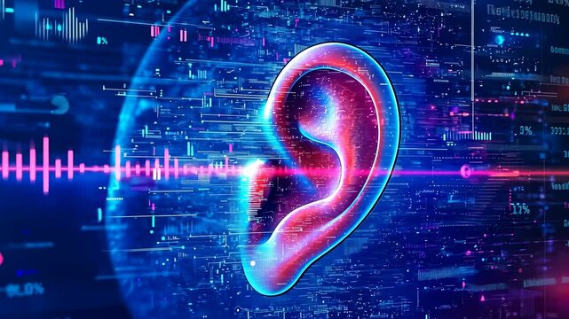 Neon ear illustration digital lines.Luminous graphic design exhibited profoundly.Futuristic concept vibrant setting.Cybernetic display auditory focus.Artistic blend technology and anatomy.Exploring