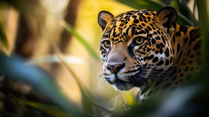 Obraz premium Majestic jaguar peers from lush foliage.