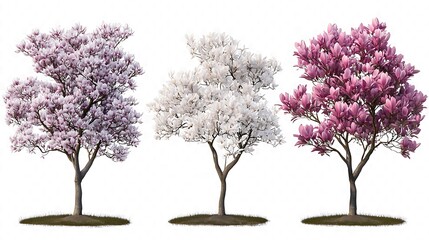 Obraz premium Collection of isolated magnolia trees with pink and white blossoms on a white background, botanical concept, ultra high resolution, highly detailed, photorealistic, no people, no animals, 