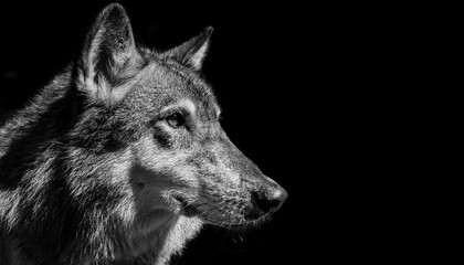 Obraz premium A black and white portrait of a wolf, captured in profile against a dark background.