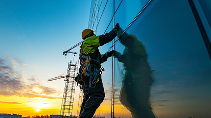 A professional technician in safety gear carefully secures a glass pane to a window, with cranes and scaffolding in the background