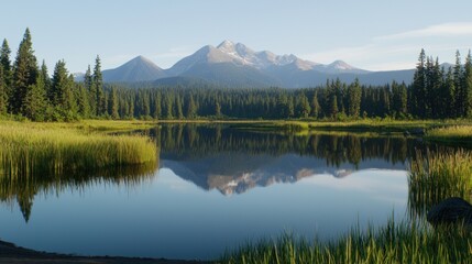 Obraz premium Serene mountain landscape reflecting in a tranquil lake.