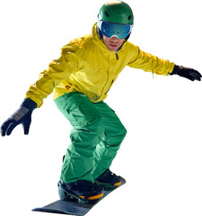 Snowboarder, young athletic man, in yellow jacket and green pants executing trick in mid-air...